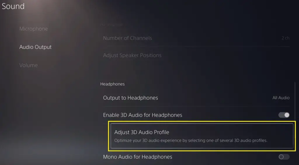 ps5 sound settings with adjust 3d audio profile highlighted