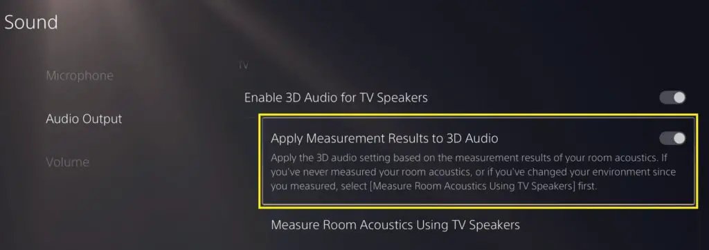 ps5 sound settings with apply measurement results to 3d audio toggled on
