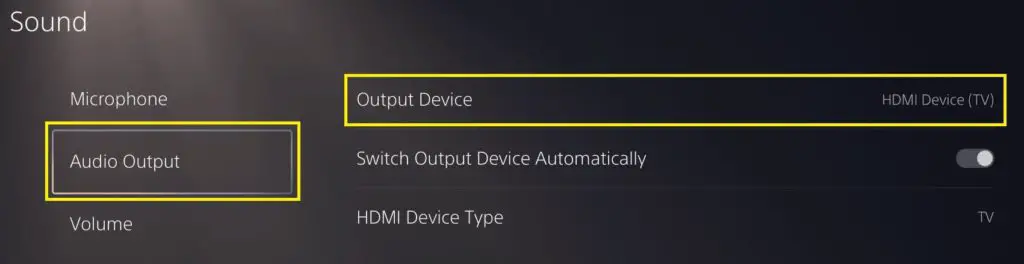 sound settings with audio output menu selected and output device highlighted