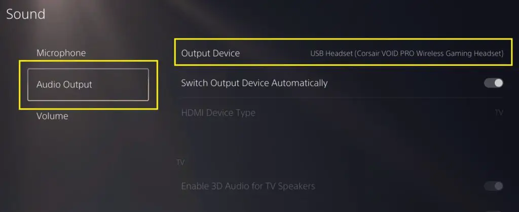 ps5 sound settings with audio output and output device highlighted