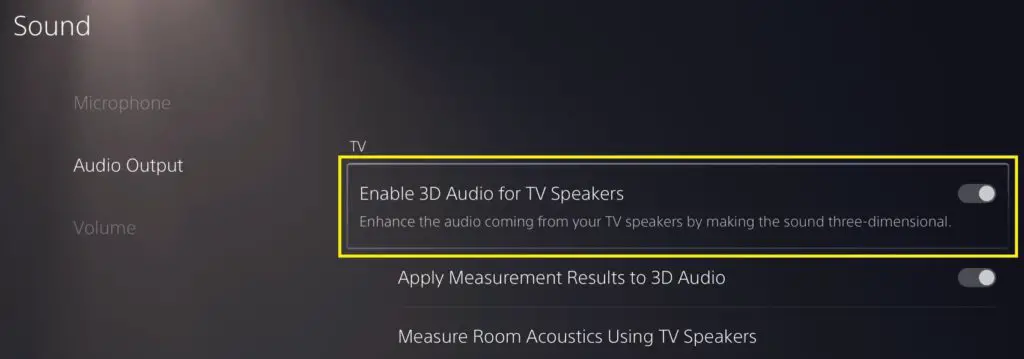 sound settings with enable 3d audio for tv speakers toggled on