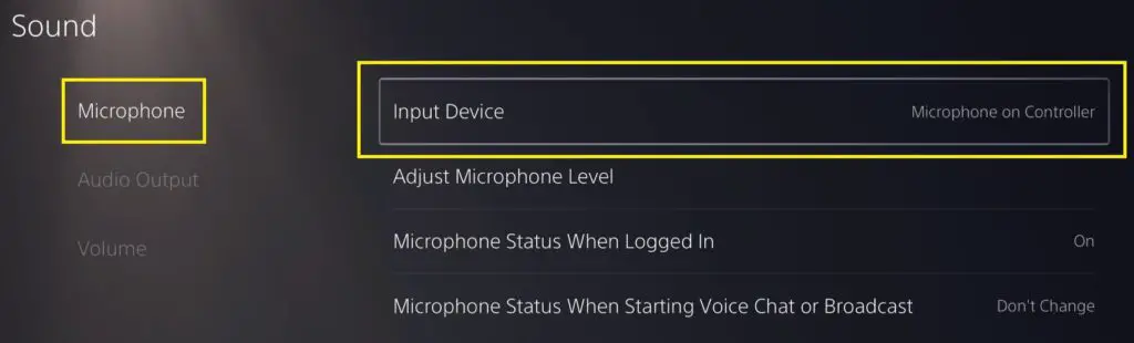 sound settings with microphone menu selected and input device highlighted