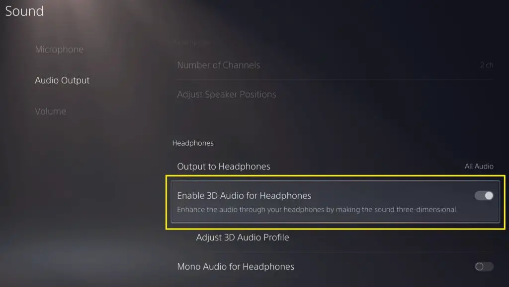 sound settings with enable 3d audio for headphones section highlighted