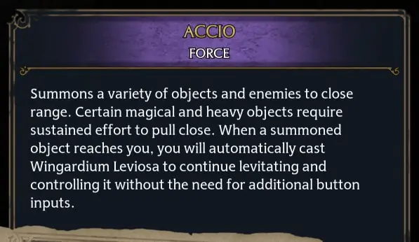 accio spell description in hogwarts legacy